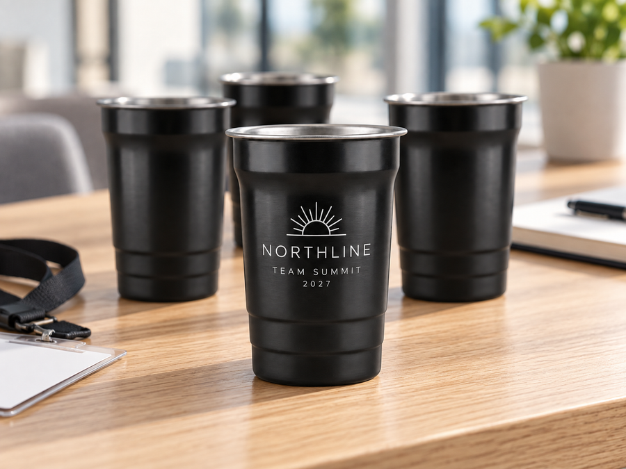 Corporate event concept: matte black aluminium cups with a Northline team summit design
