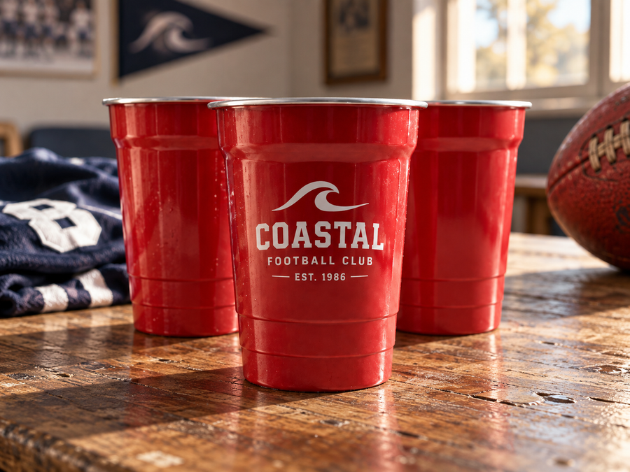 Red aluminium cups with a white football club design, shown as a custom design concept
