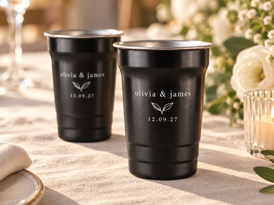 Wedding concept: matte black aluminium cups personalised with names and a wedding date